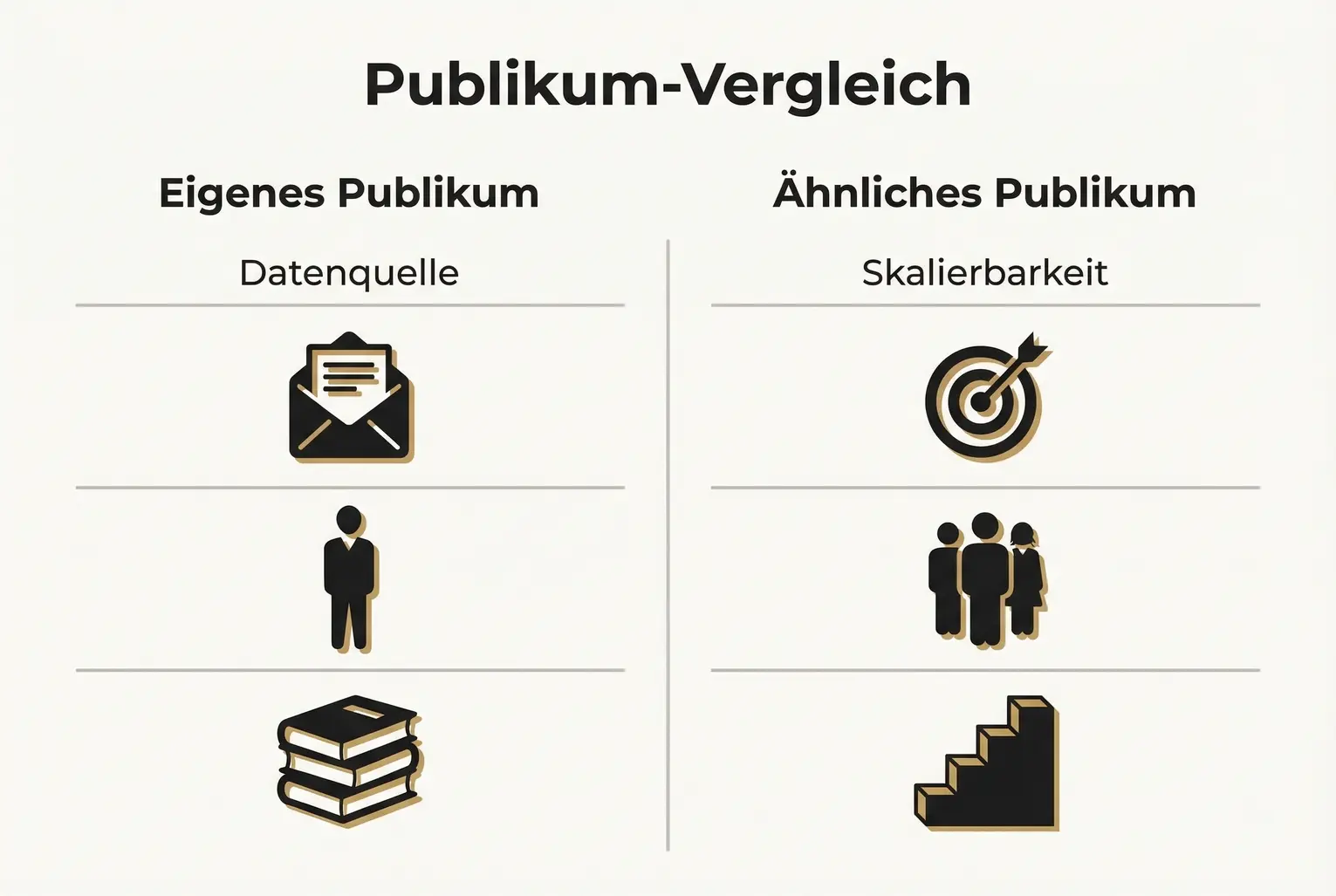 Vergleichstabelle, die erklärt, wann man eigene Audiences und wann ähnliche Zielgruppen verwendet — mit Fokus auf Datenquelle und Skalierbarkeit.