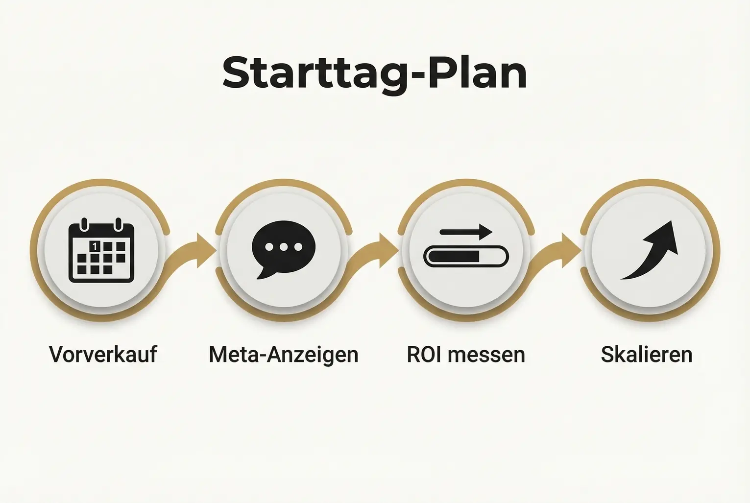 Ein klarer vierstufiger Ablaufplan, der zeigt, wie Vorverkaufstests in Live-Kampagnen überführt, Performance gemessen und erfolgreiche Anzeigen skaliert werden.