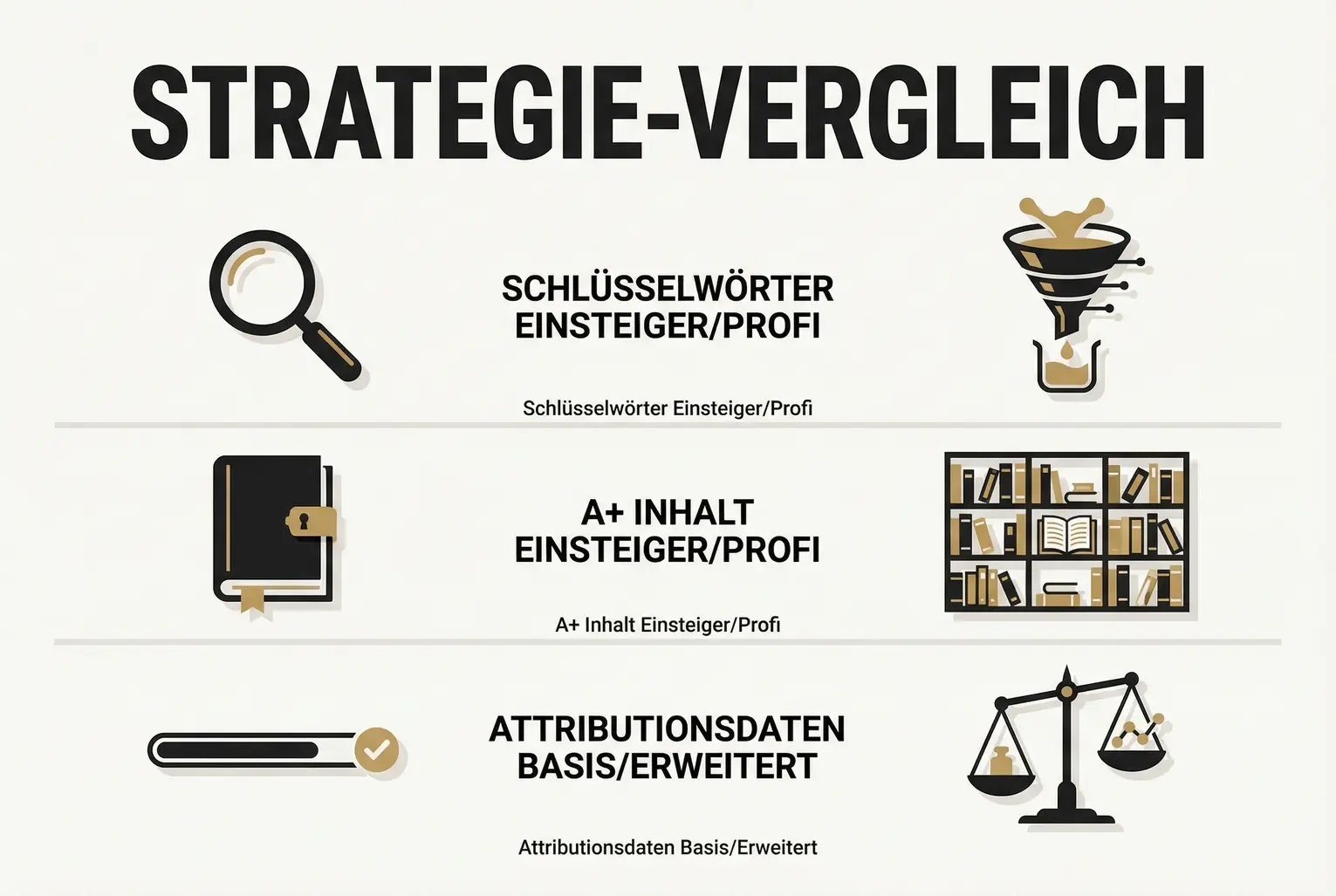 Vergleichs-Visual: Praktische Gegenüberstellung von Basis- und Profi-Strategien in Keywords, A+-Inhalt und Tracking—hilft bei Priorisierung für unterschiedliche Erfahrungsstufen.