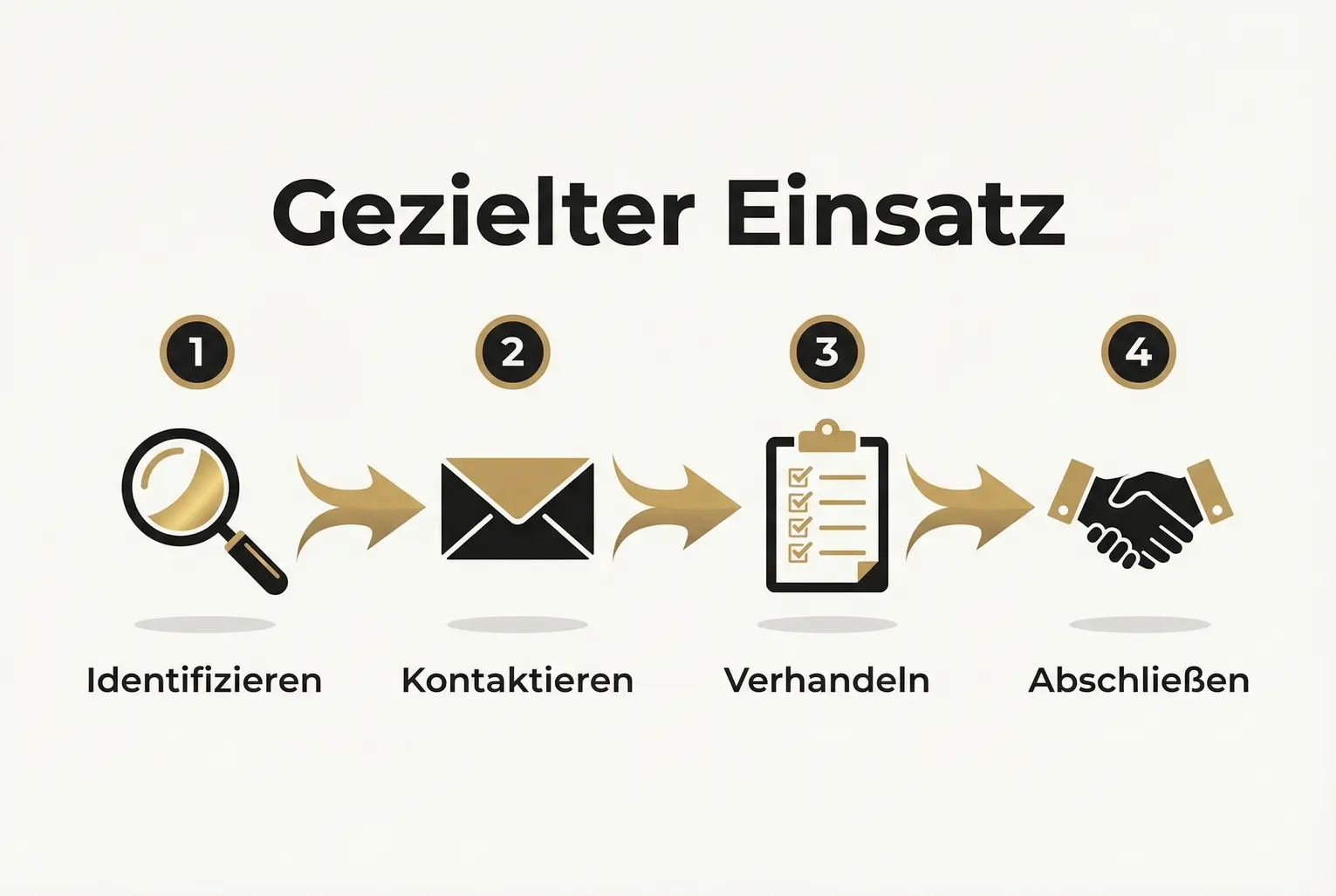 Ein Schaubild, das den Akquise-Prozess in vier klaren Schritten visualisiert: Identifikation, Erstkontakt, Gespräch und Verhandlung, und zeigt, wie der Bestseller-Status in jeder Phase genutzt wird.