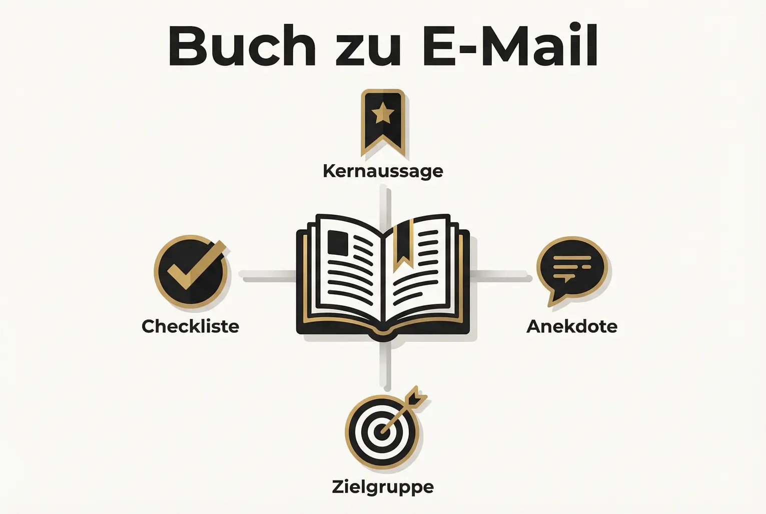 Übersicht des 'Content‑to‑Email'-Frameworks: zentrale Buchideen in vier klaren Bausteinen, bereit für die Umwandlung in E-Mails und Lead-Nurturing.
