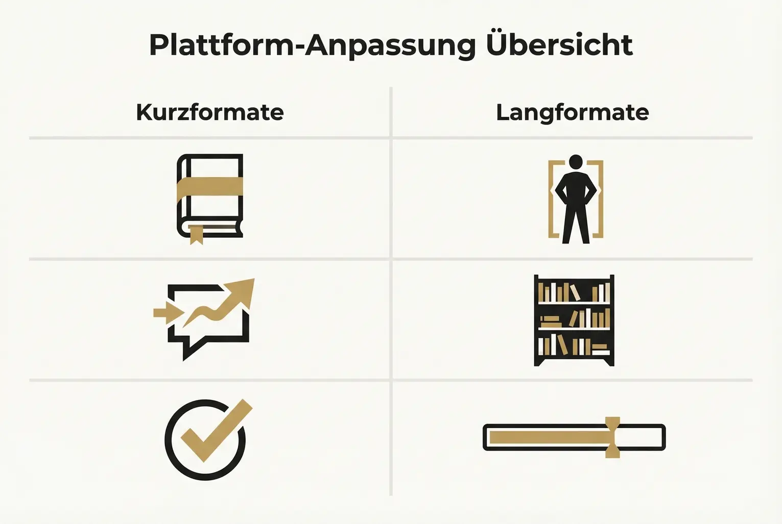Vergleich, wie Kurz- und Langformate an Plattformen angepasst werden sollten und welche Kennzahlen zur ROI-Messung relevant sind.