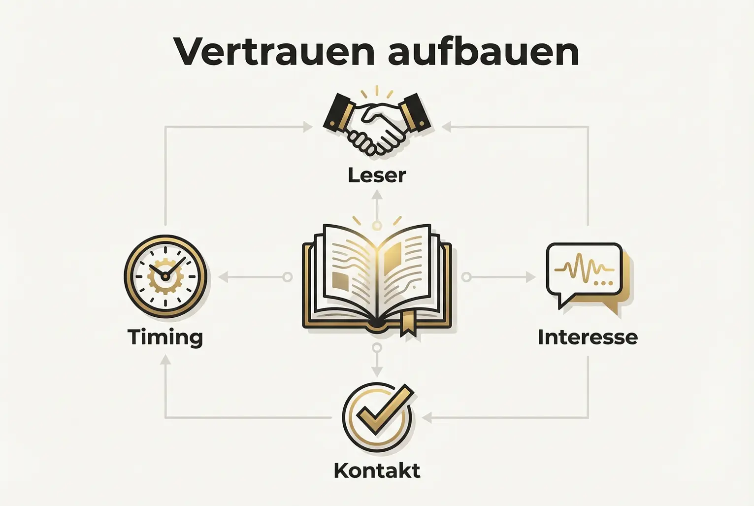 Grafik zeigt, wie Autoren mit klaren Triggern (Interesse, Timing, Kontakt) aus Lesern vertrauenswürdige, qualifizierte Kontakte machen.