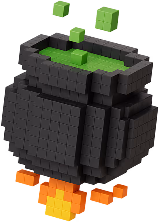 3D pixel art of a black cauldron with green liquid inside, green cubes floating above it, and a fire made of orange and yellow cubes underneath.