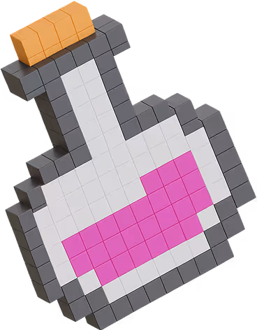 3D pixel art illustration of a potion bottle with a purple liquid inside and an orange cork stopper.