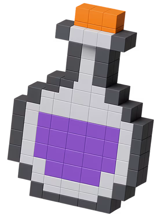 Pixelated 3D icon of a potion bottle with orange stopper and purple liquid inside.