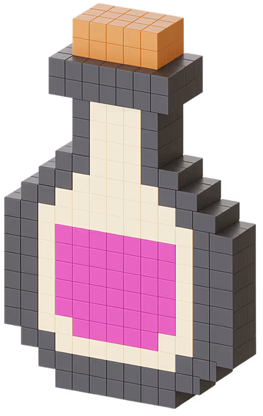 Pixel art style 3D potion bottle with gray edges, a cream label, magenta liquid inside, and an orange cap.