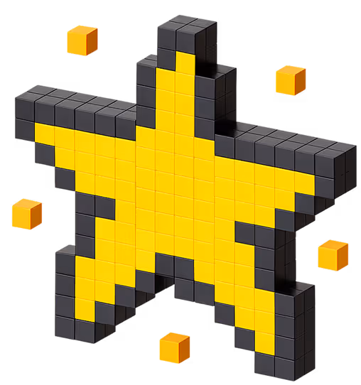 3D pixelated star composed of yellow and black cubes with six smaller yellow cubes floating around it.