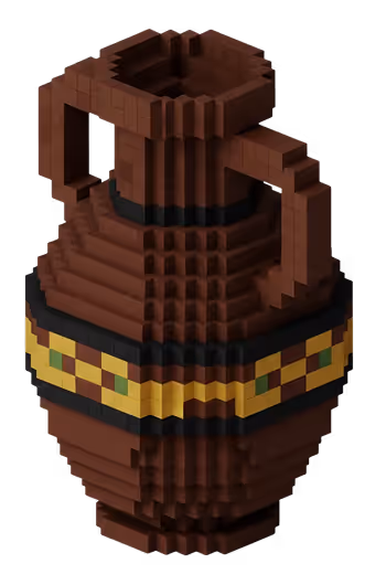 Urne en style voxel avec deux anses et une bande jaune ornée de motifs verts et rouges.