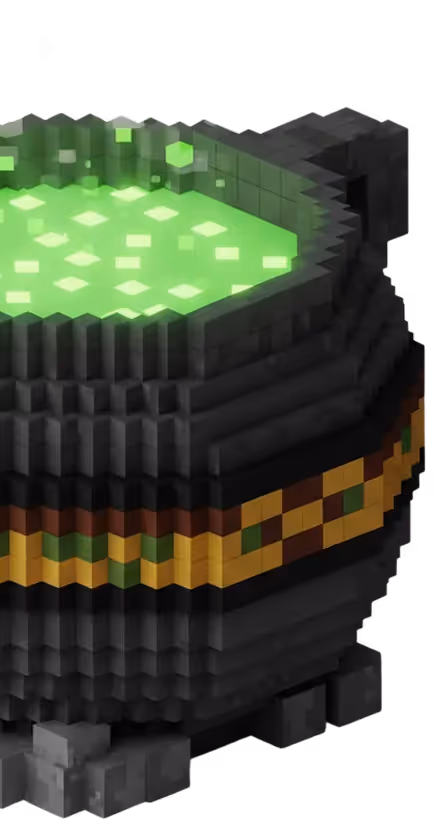 Chaudron noir pixelisé rempli d'un liquide vert brillant avec des cubes verts flottants, style voxel.