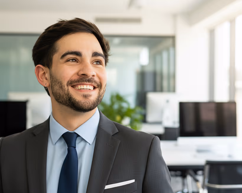 Jeune homme souriant en costume avec une cravate bleue dans un bureau moderne et lumineux.