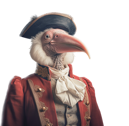 A stork humanimal dressed in red attire