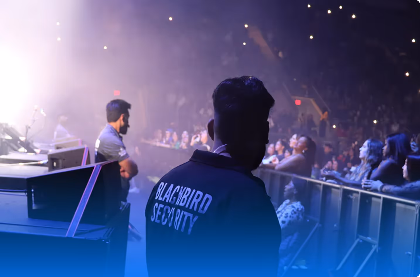 Security personnel wearing Blackbird Security jackets overlooking a crowd at a concert or event venue.