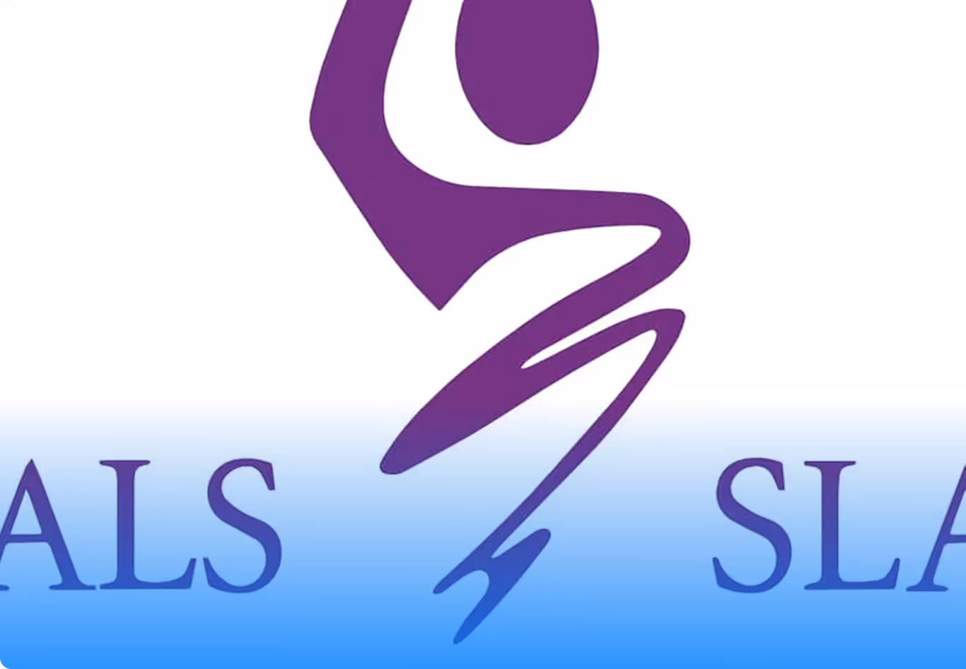 Stylized purple figure dancing above blue gradient background with partial text 'ALS' on left and 'SLA' on right.