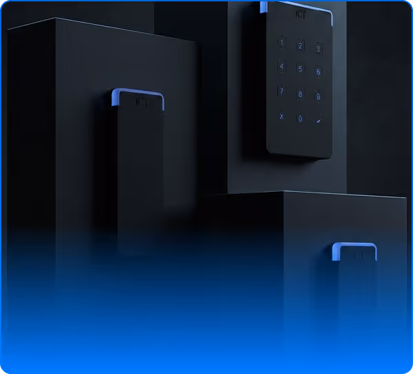 Three black smart card readers with blue lights, one featuring a numeric keypad, against a dark background.