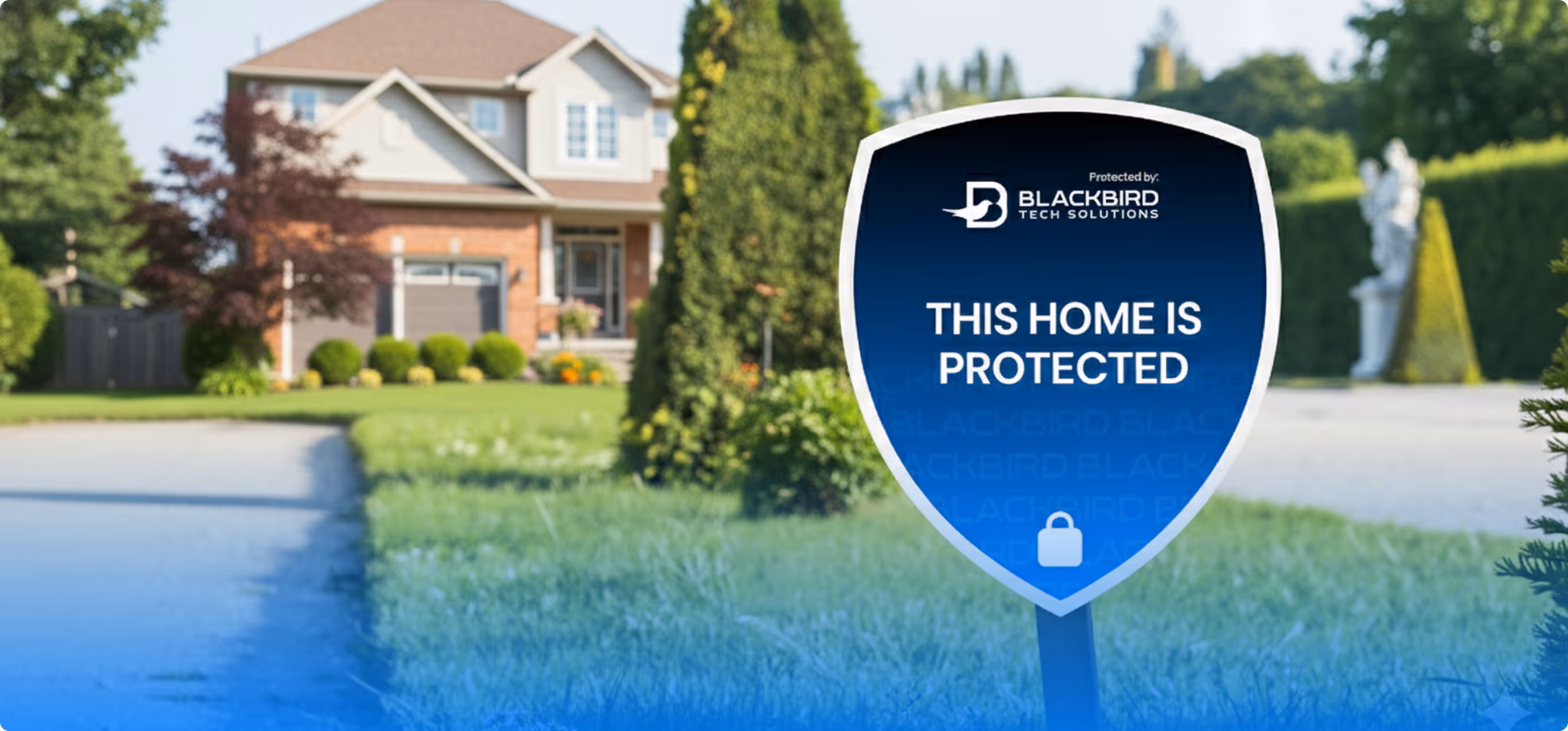 Yard sign in front of a suburban house reading 'This home is protected' by Blackbird Tech Solutions.