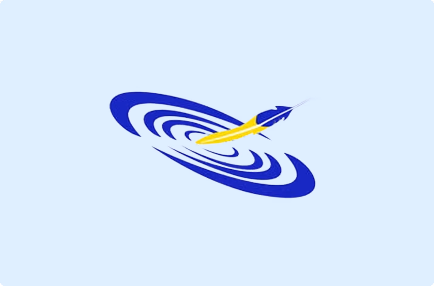 Yellow and blue feather creating ripples on a light blue background.