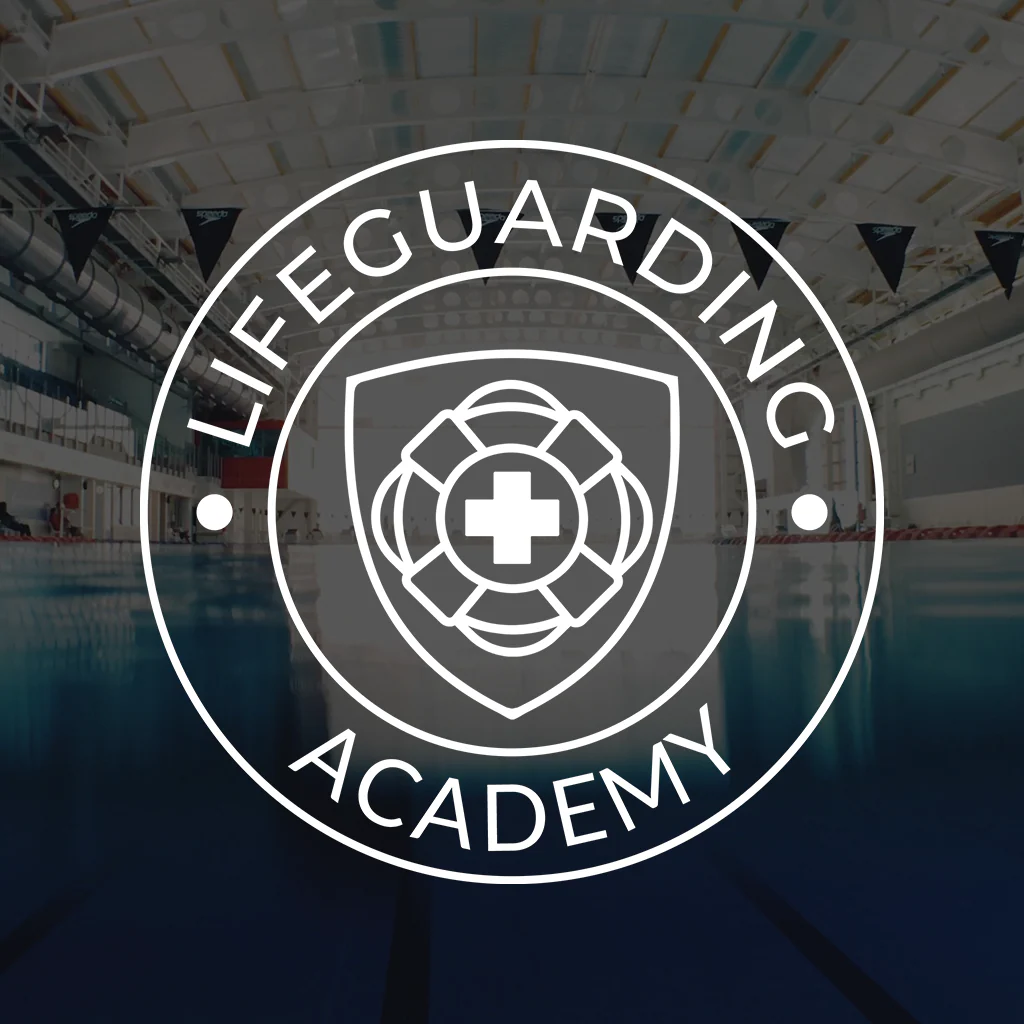 Logo of Lifeguarding Academy with a lifesaver and medical cross symbol over a pool background.