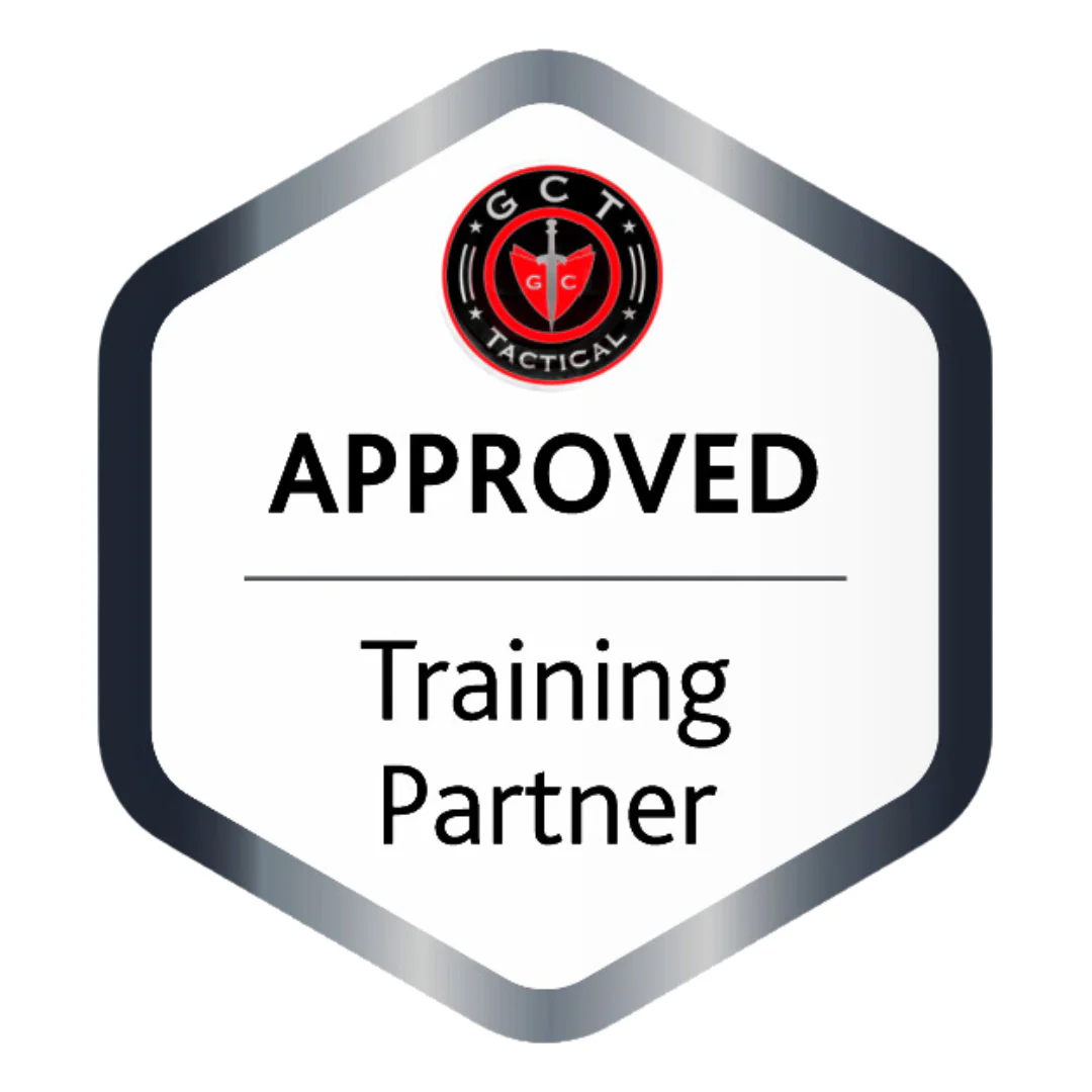 Hexagonal badge with GCT Tactical logo and text reading Approved Training Partner.