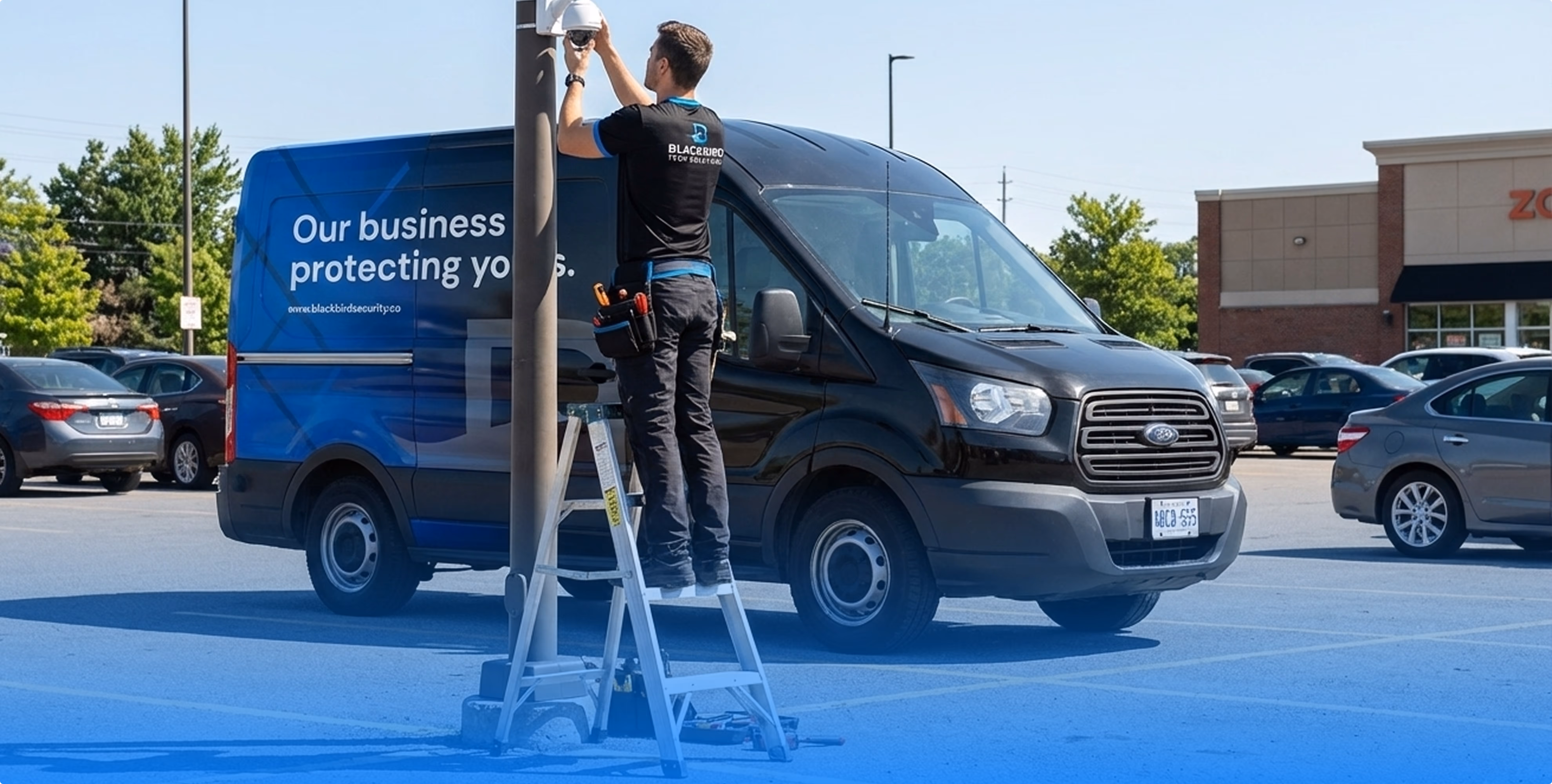 Technician standing on a ladder installing a security camera on a pole in a parking lot beside a black and blue company van.