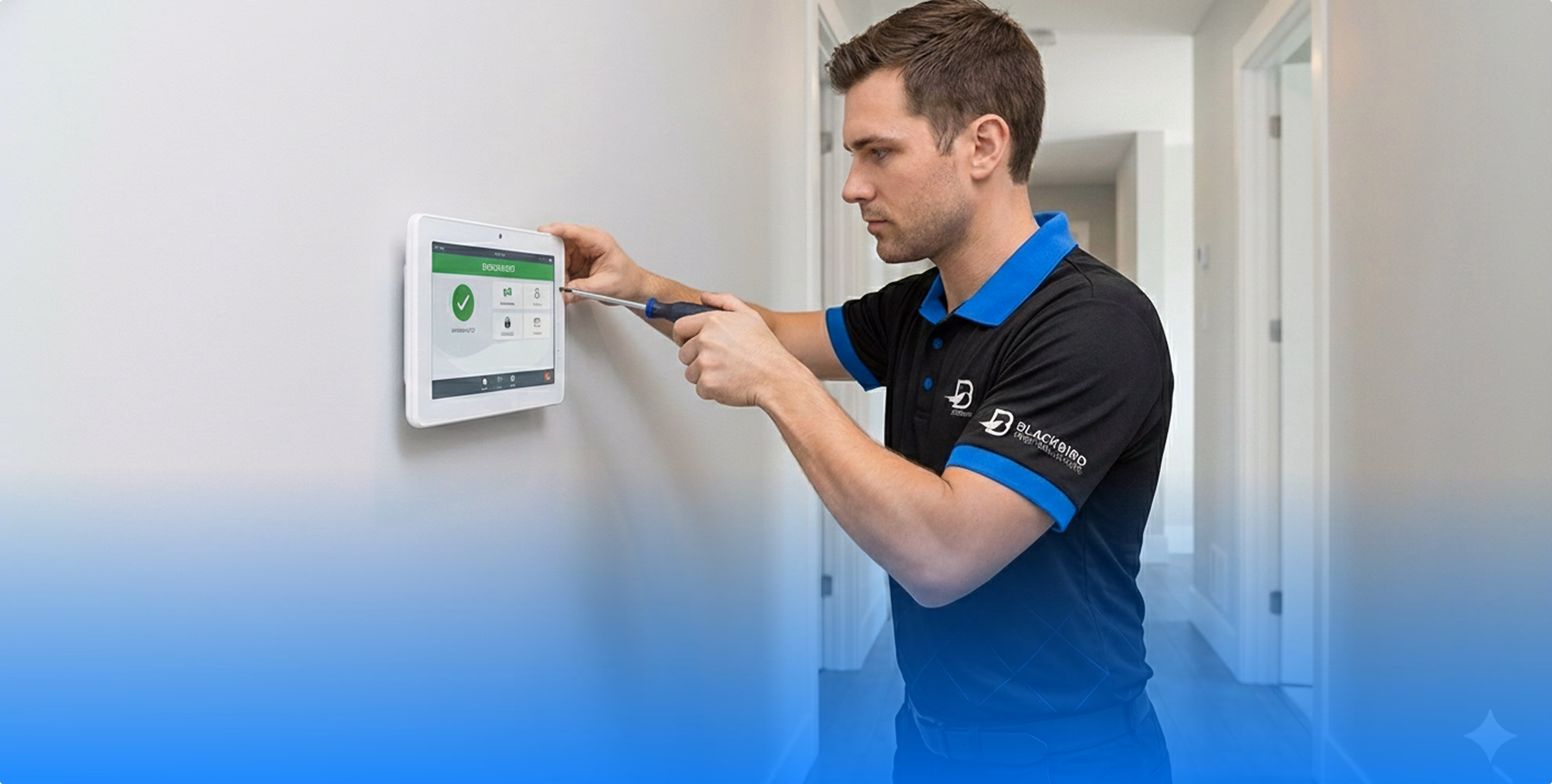 Blackbird Technician in a black and blue shirt installing or repairing a wall-mounted digital security panel with a screwdriver.