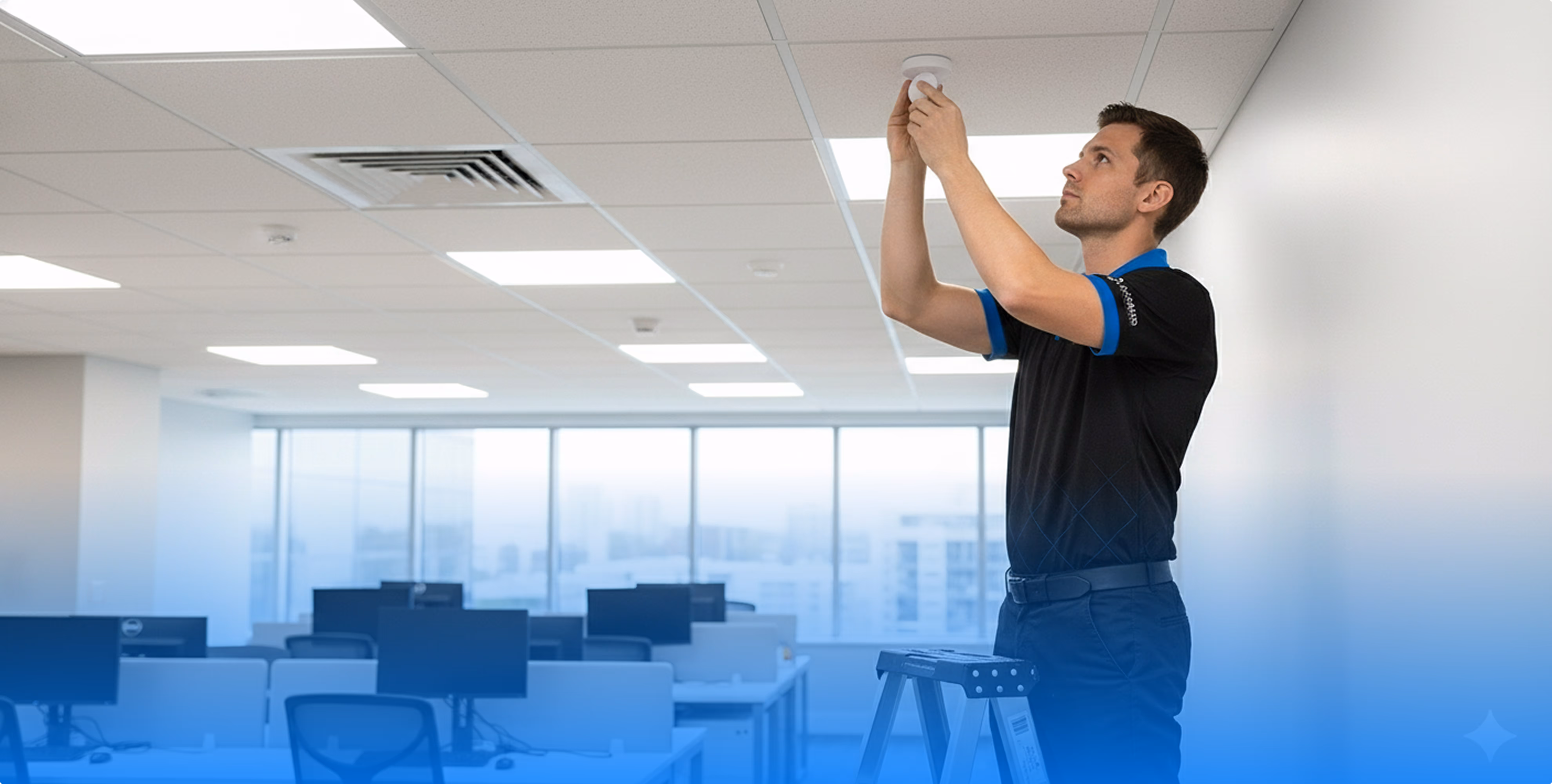 Technician installing a white smoke detector on a ceiling in an empty office with rows of desks and computers.