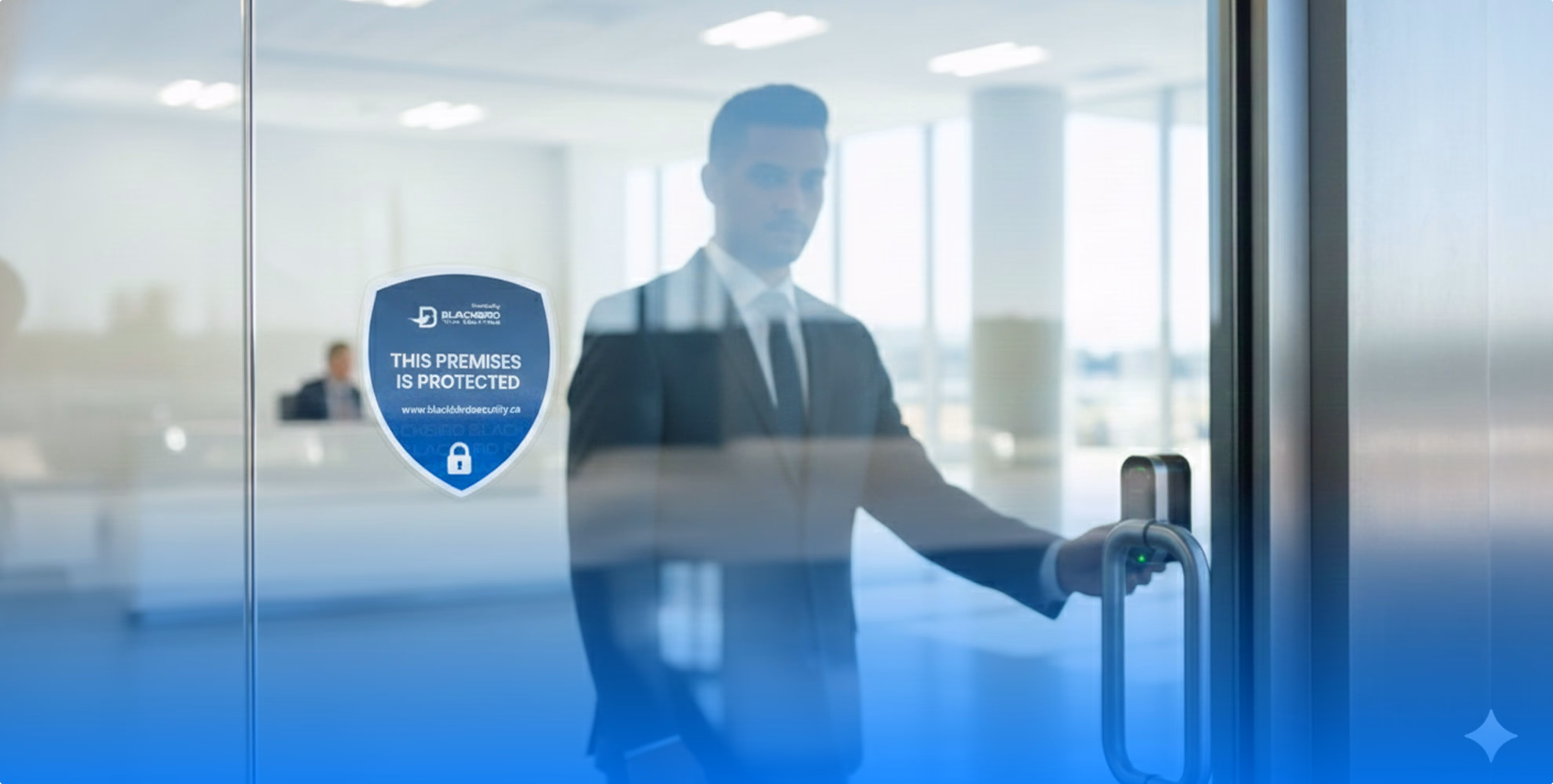 Man in a suit opening a glass door with a security access control reader next to a blue sign stating the premises is protected.