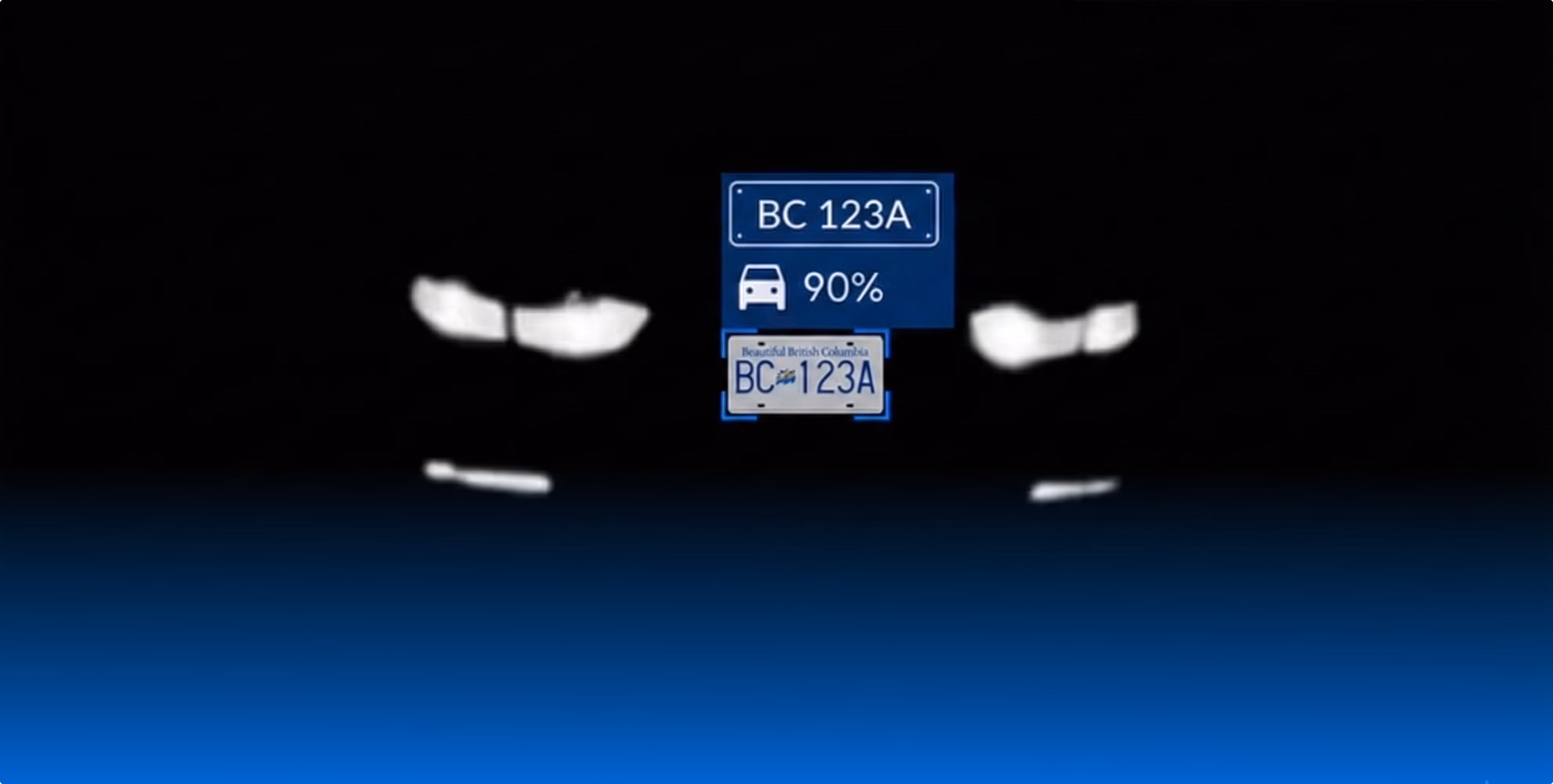 Car front view at night with glowing headlights and digital overlay showing license plate BC 123A with 90% confidence and a vehicle icon.