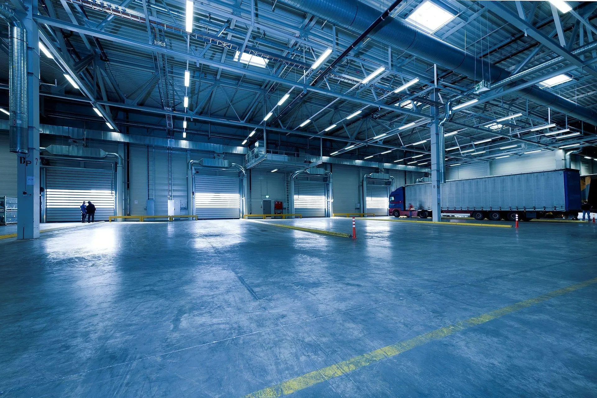 Industrial hall with warehouse storage infrastructure