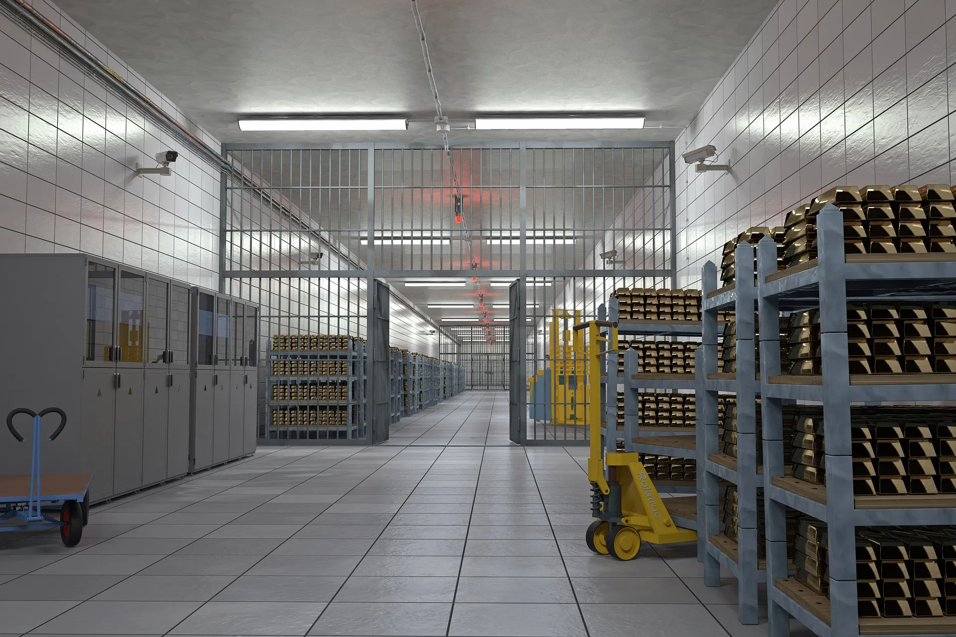 Large warehouse interior with rows of steel pallet racking