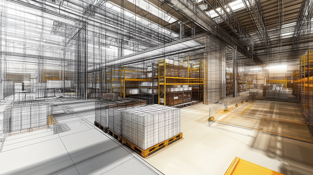 Large-scale warehouse storage system with organized pallet racking