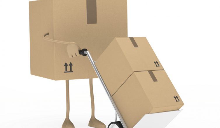 Cardboard boxes with pack weights loaded on hand truck dolly for moving