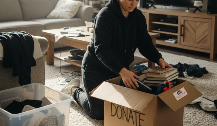 Woman sorting clothes and items into donate box to declutter before moving