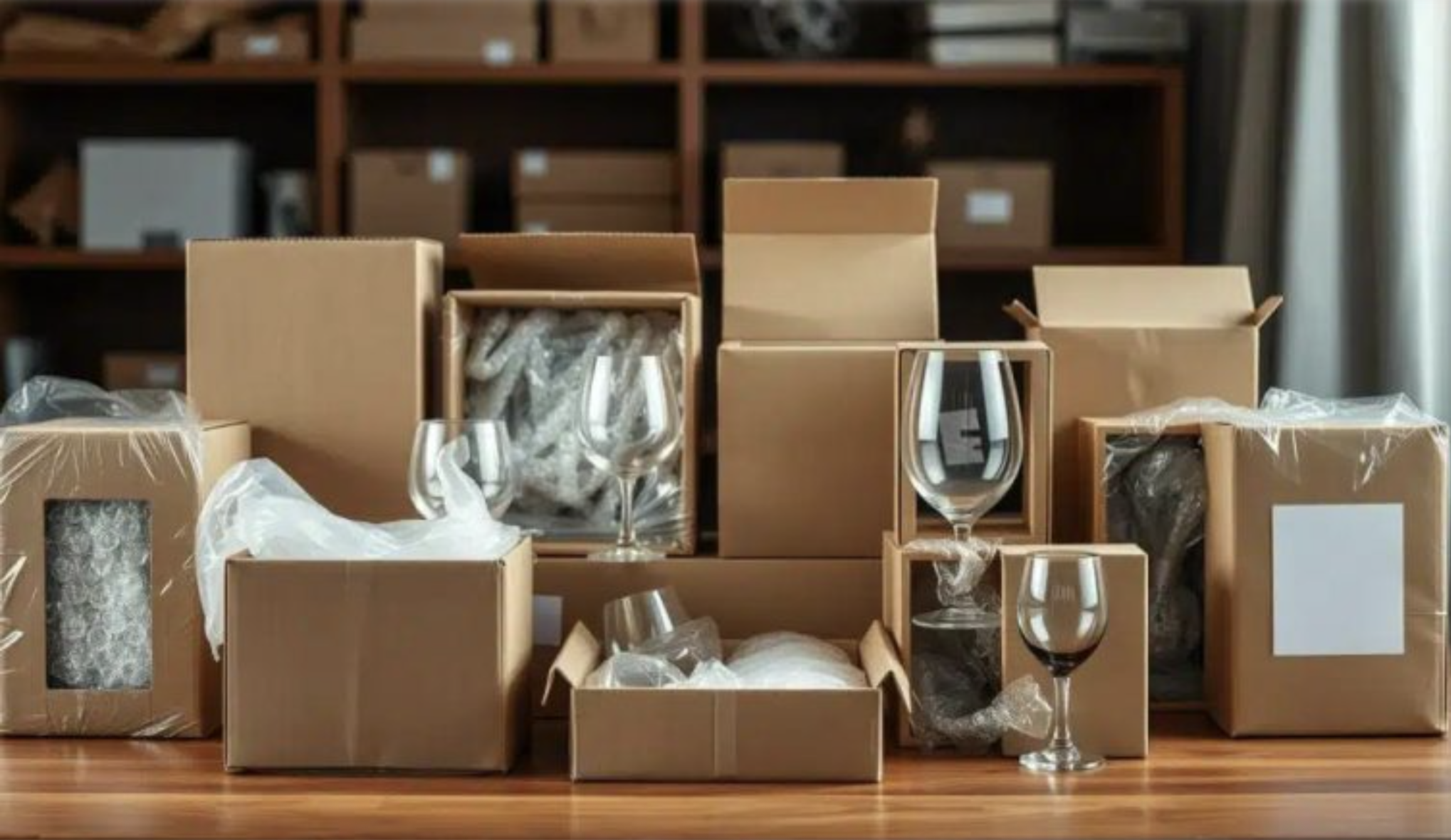 Wine glasses carefully packed with bubble wrap in cardboard boxes for moving