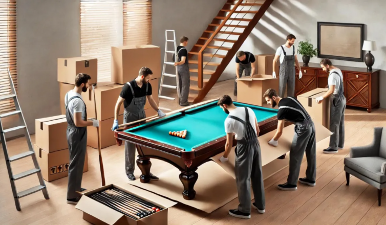 Glassware and fragile items packed with bubble wrap in boxes for pool table room move