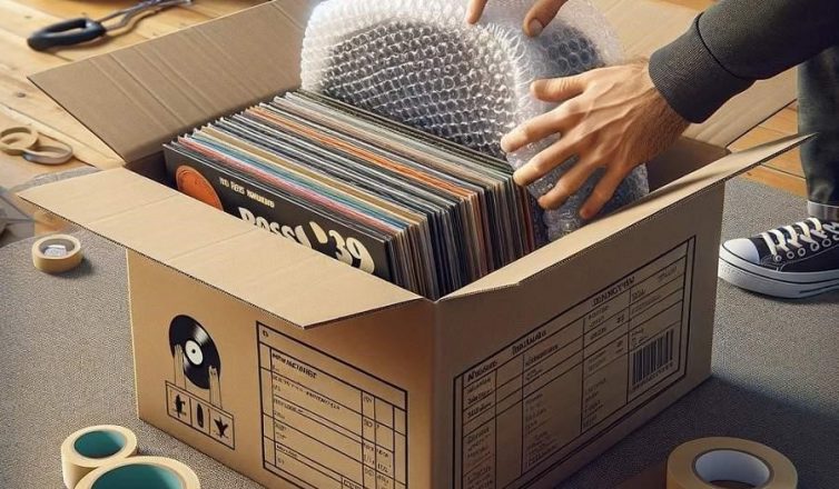 Person packing vinyl records with bubble wrap in specialty box for safe moving