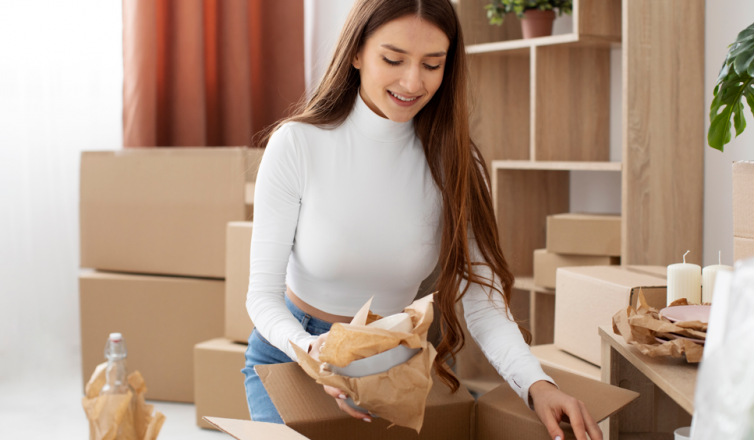Woman beginning to unpack boxes and unwrap items in new home