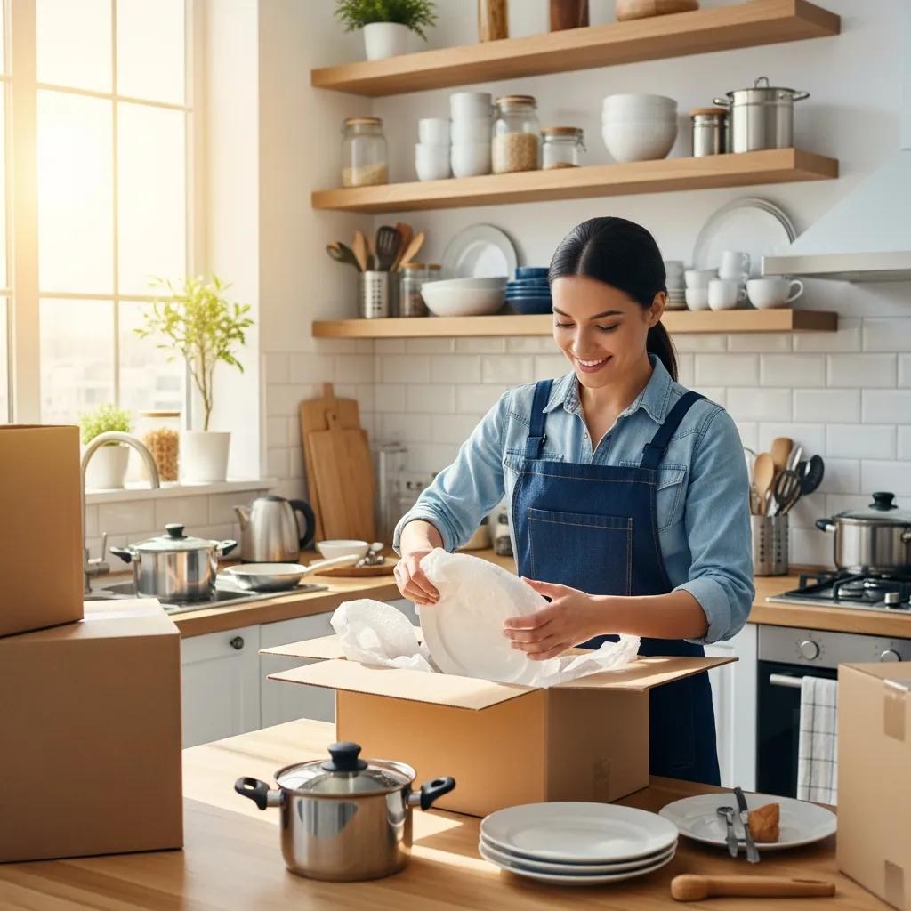 Smiling person packing dishes and kitchen items into boxes in a bright, organized kitchen