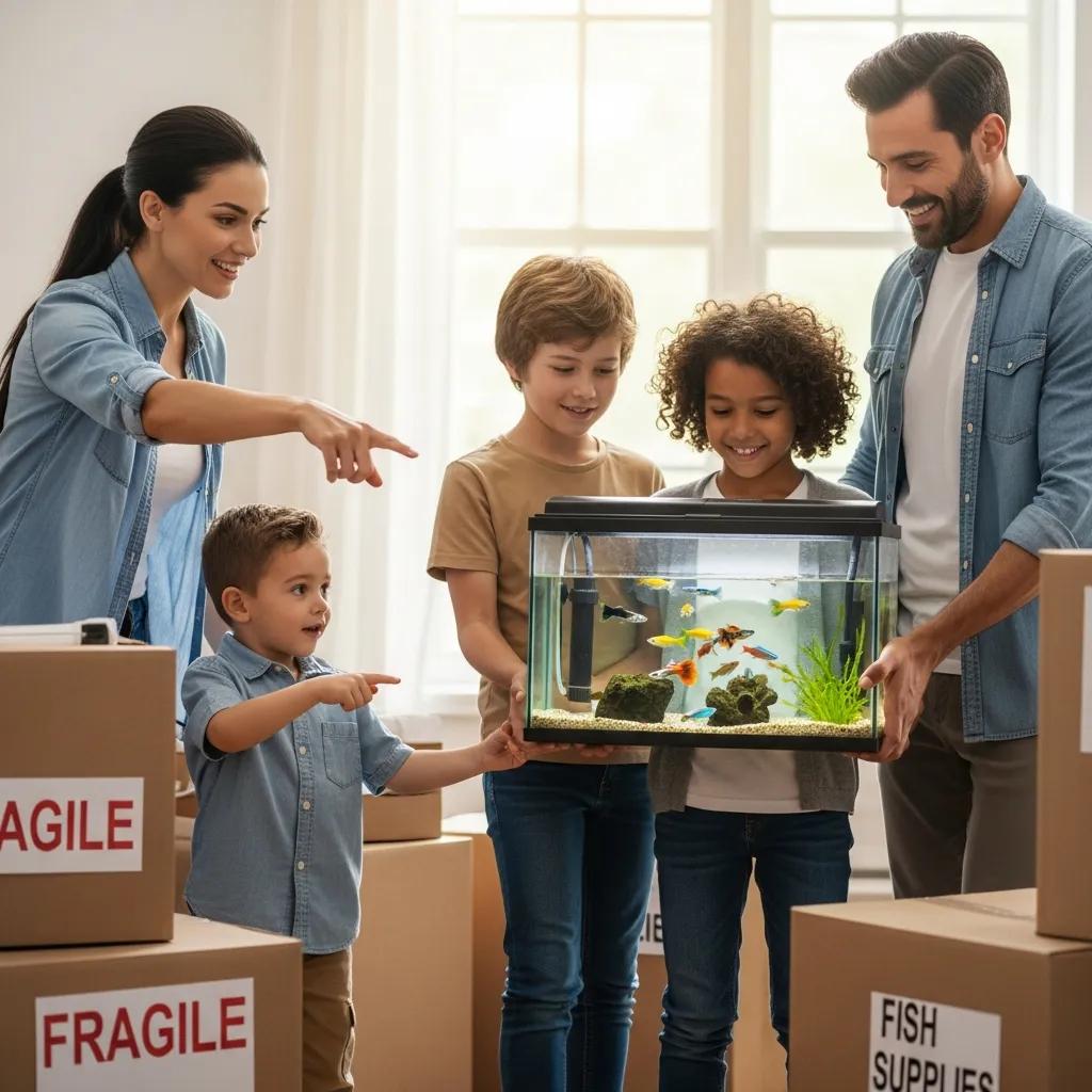 A family carefully moving a fish tank and live fish, demonstrating careful planning and responsibility