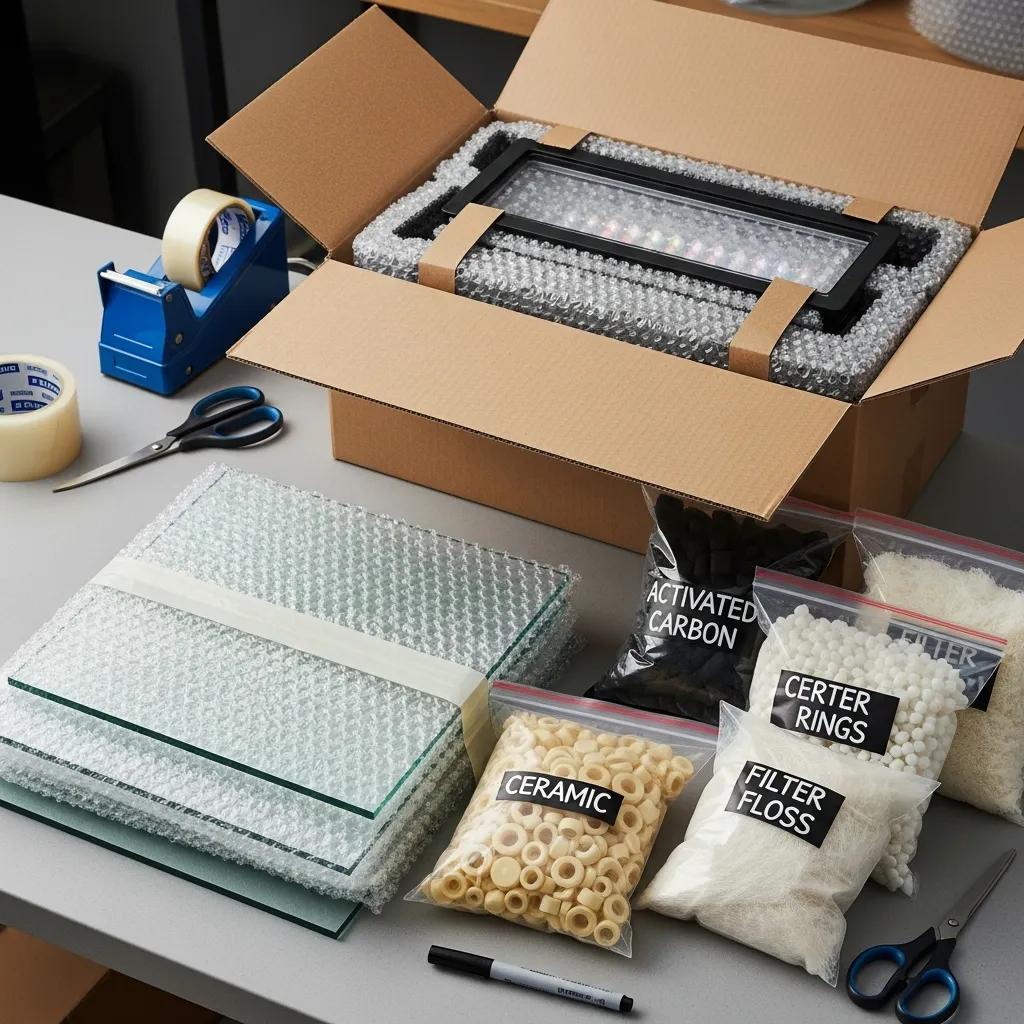 Example of careful packing for aquarium parts: bubble-wrapped glass and labeled bags for small parts