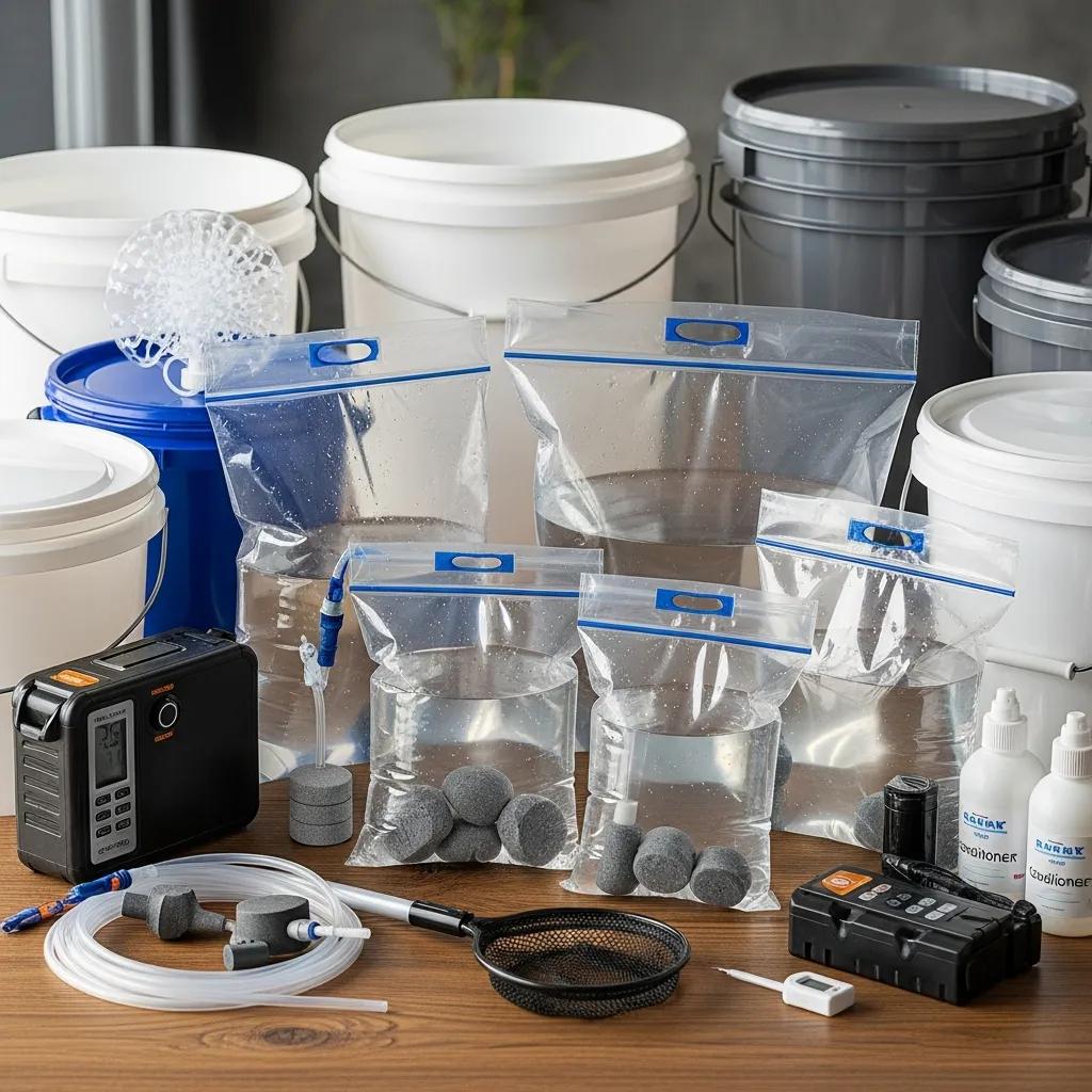 A laid-out kit of essential items for transporting fish: transport bags, buckets, and aerators