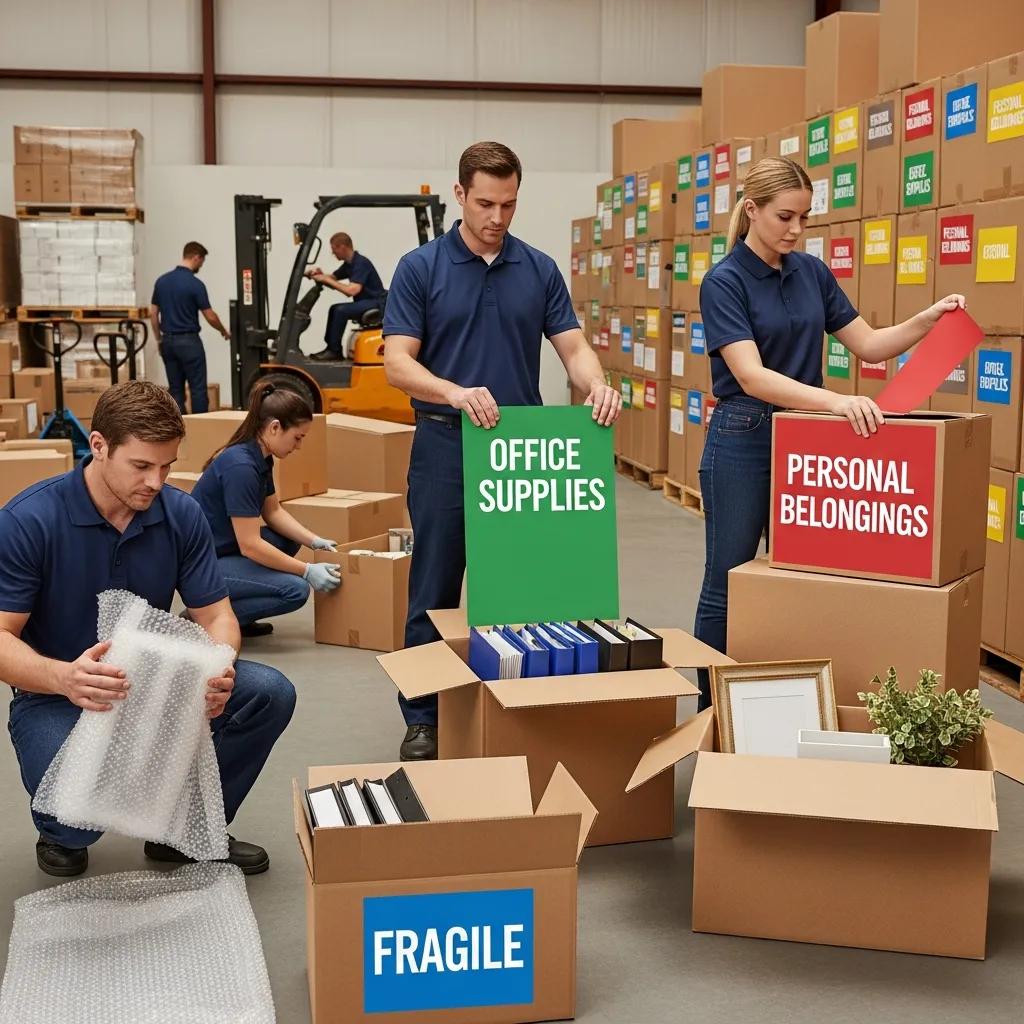 Professional movers packing and labeling boxes systematically for a commercial move