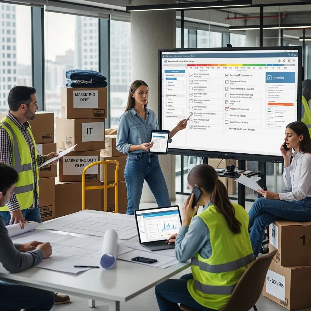 Project manager coordinating a commercial move with a timeline and checklist