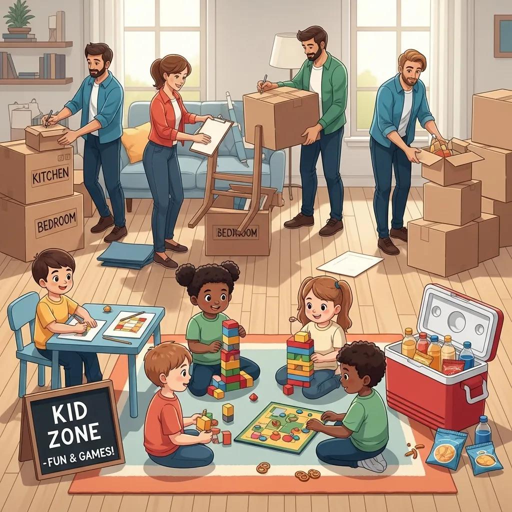 Children playing in a supervised area during moving day while movers work nearby