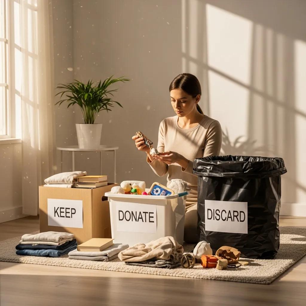 Person sorting items into keep, donate, and discard boxes while decluttering before a move