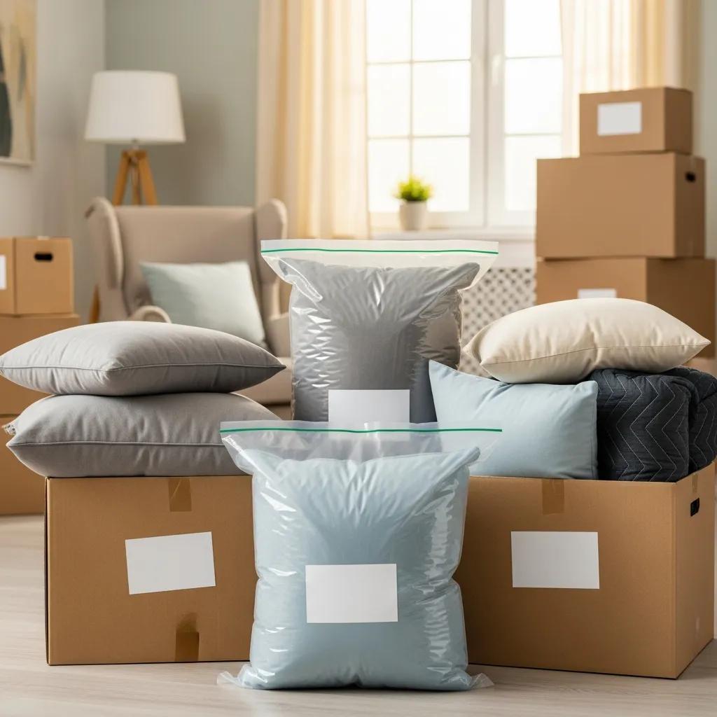 Pillows packed in vacuum-seal bags and boxes — smart moving protection