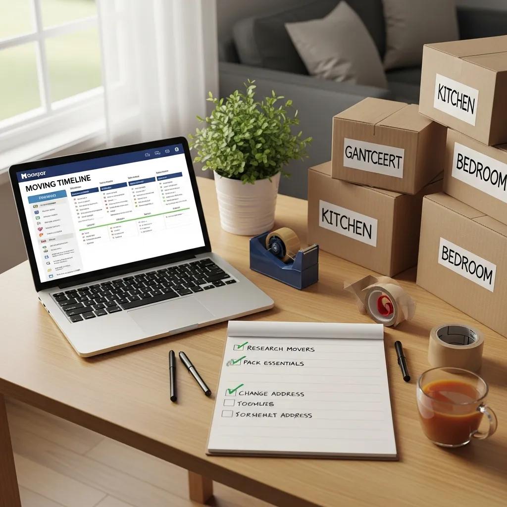 Checklist and packing supplies on a desk to plan an interstate move