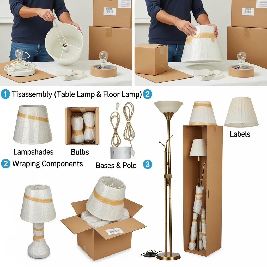 Step-by-step visuals for packing table and floor lamps, showing disassembly, wrapping, and boxing techniques