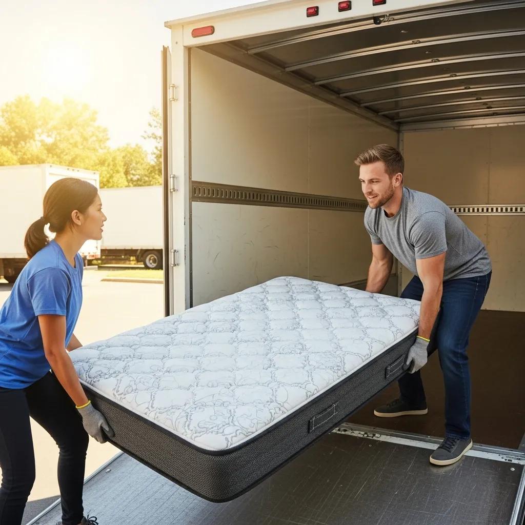 Two people loading a mattress into a moving truck using safe lifting techniques