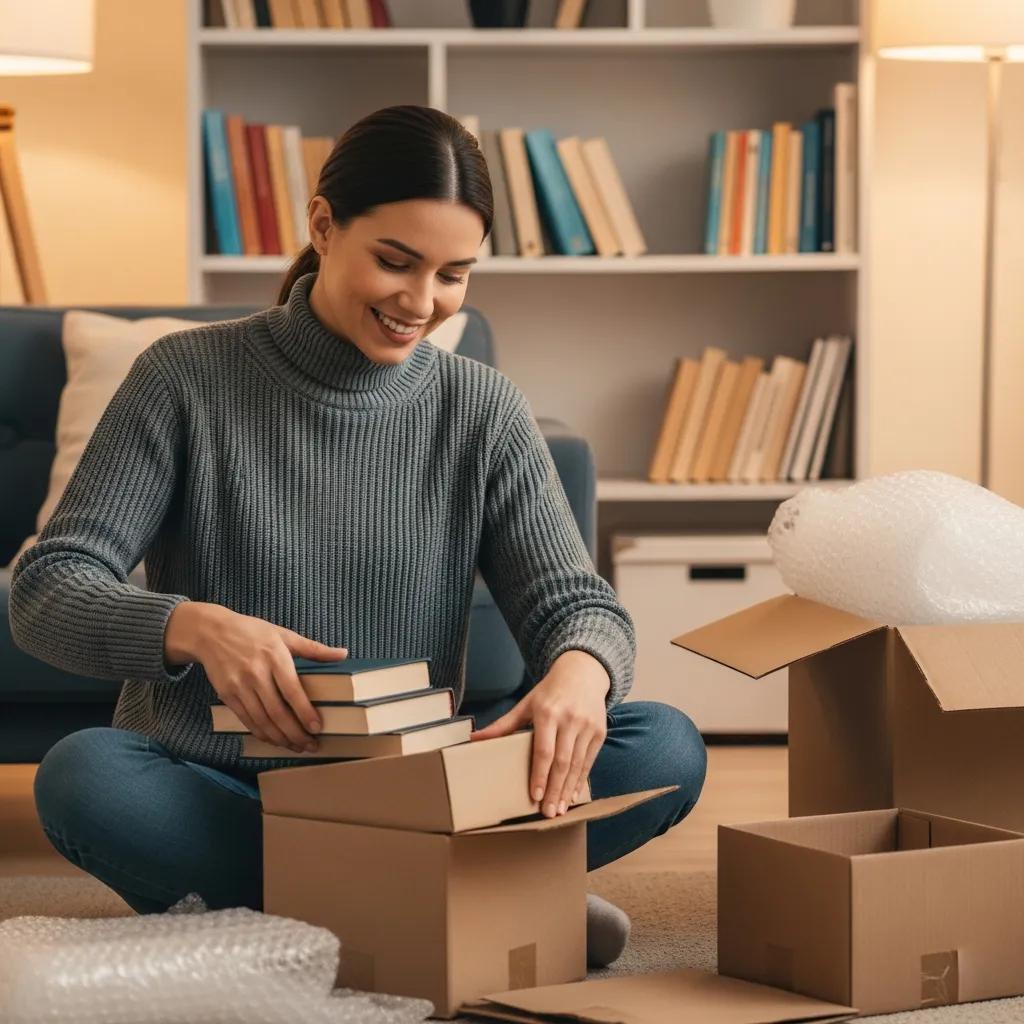 Person packing books into sturdy boxes in a living room — safe, organized book packing